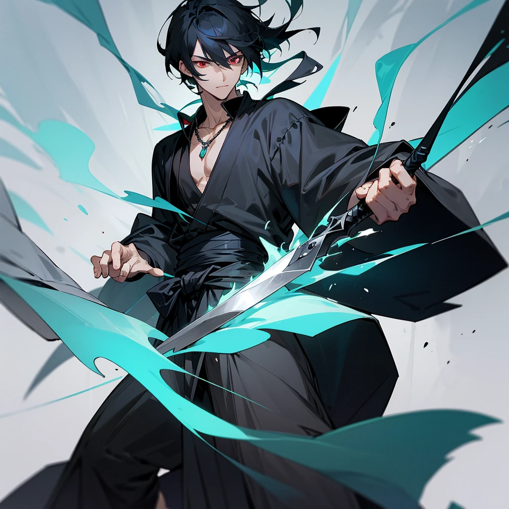 anime character, a handsome man,black hair, wearing gray clothes with a black robe, wearing a necklace, has a turquoise aura, calm face, has a red eye. has a sword at his waist.