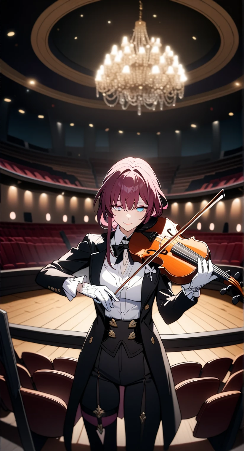 (masterpiece,best quality,4K,anime),1girl,kafka(honkai star rail),solo,mature,intense crimson hairbangs,(asymmetrical cut:1.2),blue aqua eyes,formal wear,black suit,white shirt,black bowtie,black blazer,black pants,gold buttons,white gloves,big theater,wood stage,blacony,mezzanine,orchestra pit,lighting,large dangling chandelier,violin,violin bow,holding violin,playing the viollin,smile,high resolution textures,cinematic,extremely detailed