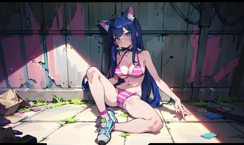 Masterpiece, best quality, high resolution, 1 woman, Long blue hair with pink stripes, smooth, green eyes, mad face , cat ears , pink bikini, abdomen, big breasts , Long legs , Sit down on the floor. , Spread your legs , large canvas shoes , wall , Garbage bags 