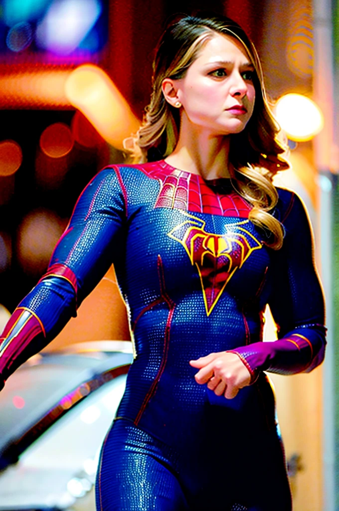 wearing a spideman costume, A stunning intricate full color photo of (sks woman:1), epic character composition, sharp focus, natural lighting, subsurface scattering, f2, 35mm, film grain, Melissa Benoist face, big breasts, showing thighs