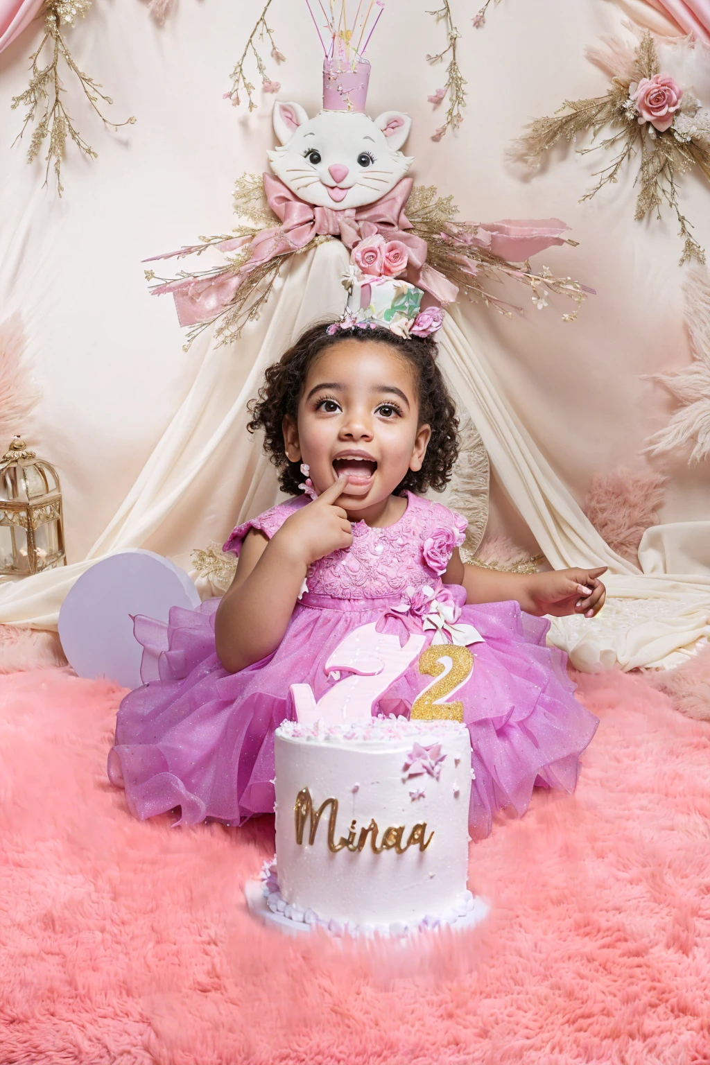 Araffe girl in pink dress sitting on pink carpet with cake, 2 years old, edited, magical mood, holding a birthday cake, modeling photography, trends ，, 1614572159, full picture, Happy Birthday, complex background, portrait photo, wonderful expression, raised, very excited, the background is heavenly, 1 / 4 Portrait