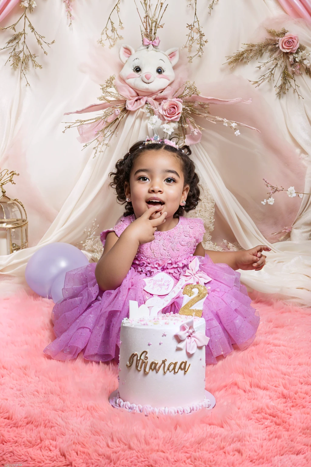 Araffe girl in pink dress sitting on pink carpet with cake, , edited, magical mood, holding a birthday cake, modeling photography, trends ,, 1614572159, full picture, Happy Birthday, complex background, portrait photo, wonderful expression, raised, very excited, the background is heavenly, 1 / 4 Portrait