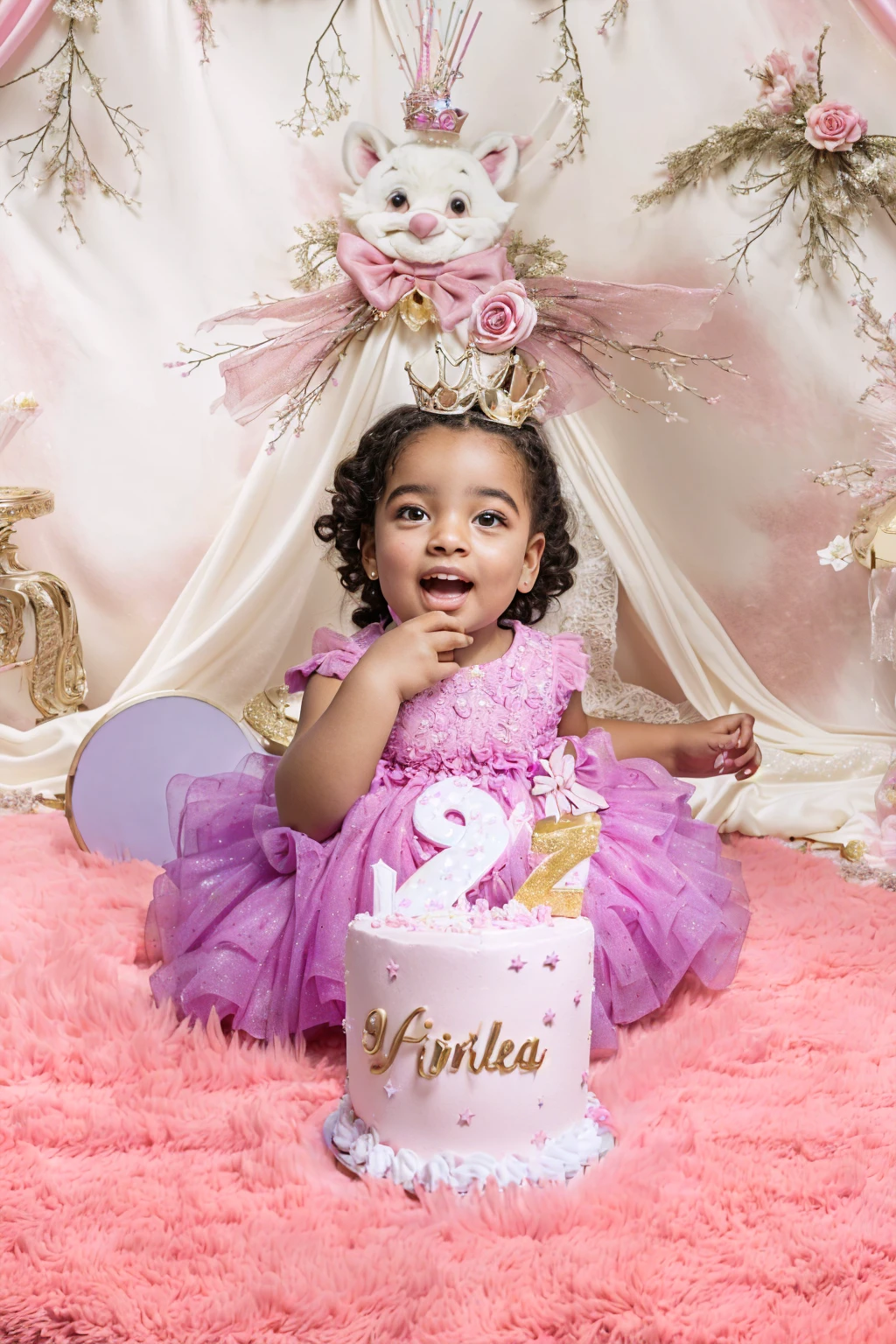 Araffe girl in pink dress sitting on pink carpet with cake, 2 years old, edited, magical mood, holding a birthday cake, modeling photography, trends ，, 1614572159, full picture, Happy Birthday, complex background, portrait photo, wonderful expression, raised, very excited, the background is heavenly, 1 / 4 Portrait