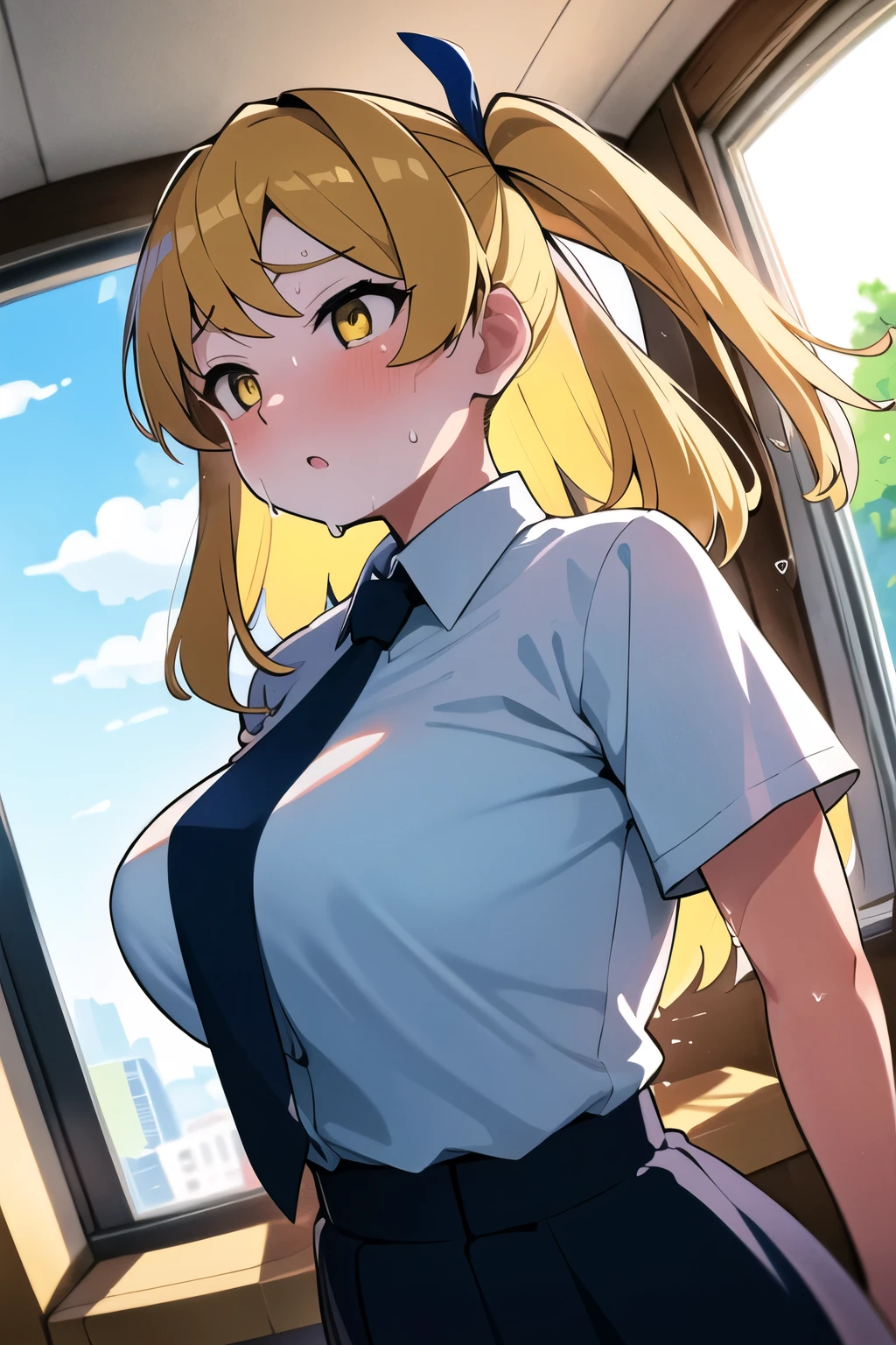 1 Female, Age 20,whole body,Standing,Moving the subject far away,blonde perm hair,Gal,((face)), In the heat, Sulky face, Yellow Eyes,tits, White shirt,Navy blue tie,High quality anime, Vulgar,(90s Anime), ((Sweat)), Mastepiece, Ultra High Quality, High resolution, 8K, background:live-action,background:Super Real,background:Photographic school classroom,Window,sunlight,((Fisheye Lens)),backgroundボケ,(Low - Angle),