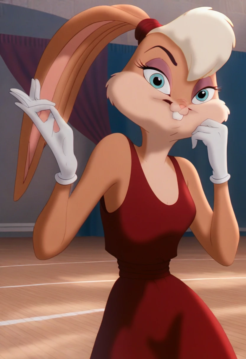 lolabunny, 1girl, solo, furry female, rabbit ears, rabbit girl, animal nose,white gloves, blue eyes, body fur, standing, tail, buck teeth,cowboy shot,smile,looking at viewer, luxury glittering ballroom, humans in background, score_9, score_8_up, score_7_up, score_6_up, score_5_up, score_4_up , sexy glittering red gown
