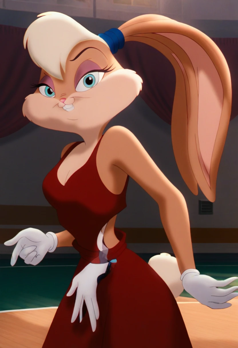 lolabunny, 1girl, solo, furry female, rabbit ears, rabbit girl, animal nose,white gloves,  blue eyes, body fur, standing, tail, buck teeth,cowboy shot,smile,looking at viewer, luxury glittering ballroom, humans in background, score_9, score_8_up, score_7_up, score_6_up, score_5_up, score_4_up   , sexy glittering red gown