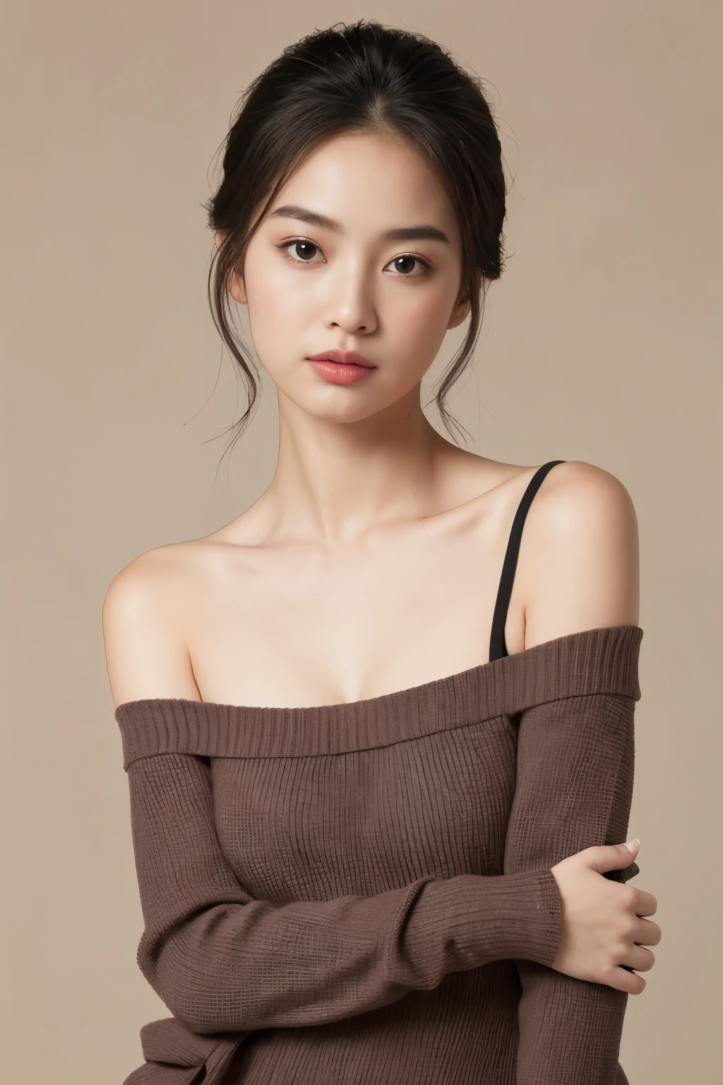 asian lady, She is wearing a soft pink sweater relaxed neckline that casually ((drapes off one shoulder)), exposing slender shoulders with black bra trap, highlighted by the rays of light creating a radiant effect on her skin. , mid-shot , light rays, warm atmosphere , light through hair, ((mid-shot, full body, slender waist)), Hair Up Do、 Glowing eyes, nose blush, Carl Larsson, Alfonse Mucha, Chiaroscuro, Film Glenn, reflective light, (((long-Shot))), knee to top,longshot show (((full body))), masterpiece, high details, ((gray background, studio light ))