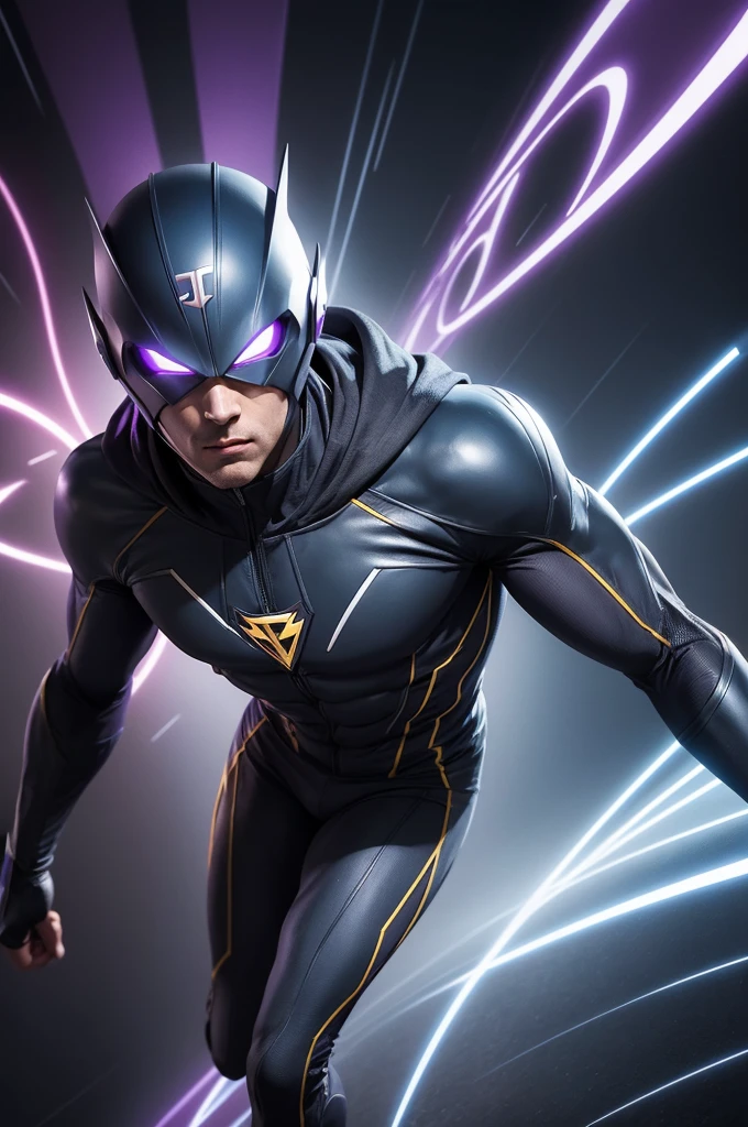 A speedster from dc comics with a dark gray costume like godspeed with a chest symbol like godspeed but purple and his speed force is purple. purple he is an anti hero