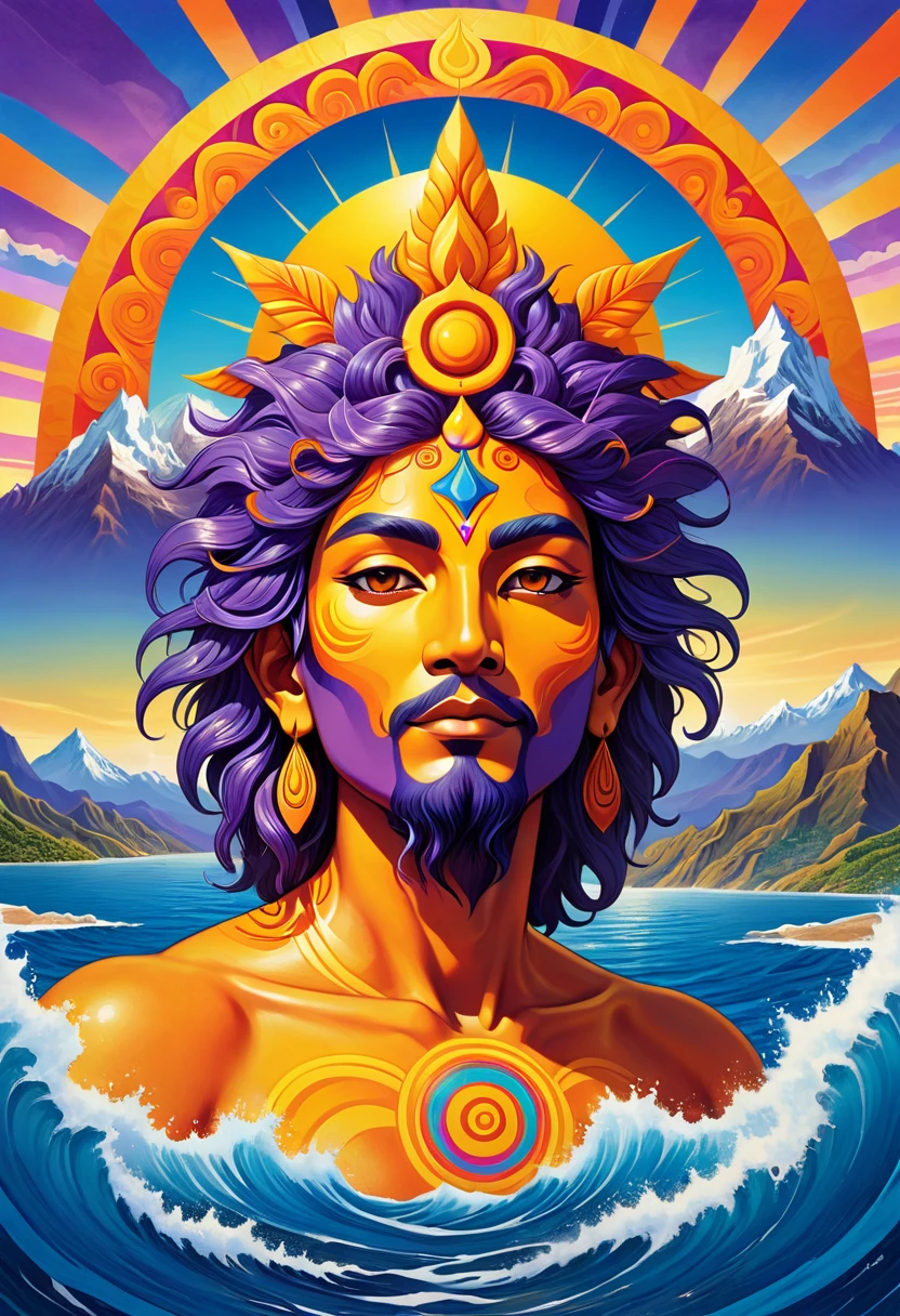 album cover with modern and minimalist frame, orange god inti emerging from the blue sea and rising to the violet skies, yellow inca sun in the upper background, mountains in the lower background, swirly vibrant colors, psychedelic art
