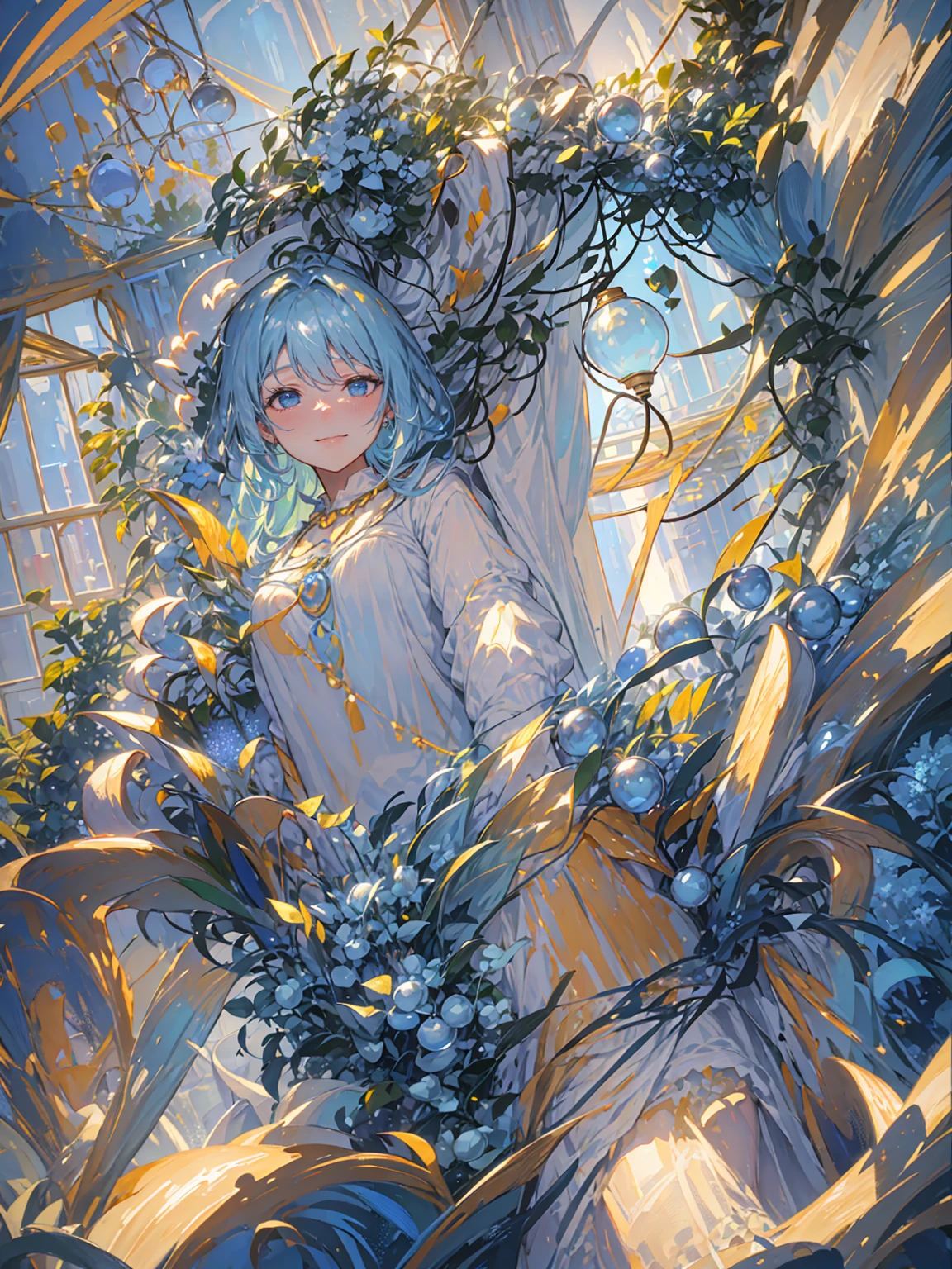 Greeting with a friendly smile, Many pendant lights, Foliage plant, Lots of windows, Blue World, Poured Light, Sparkling glass ?????