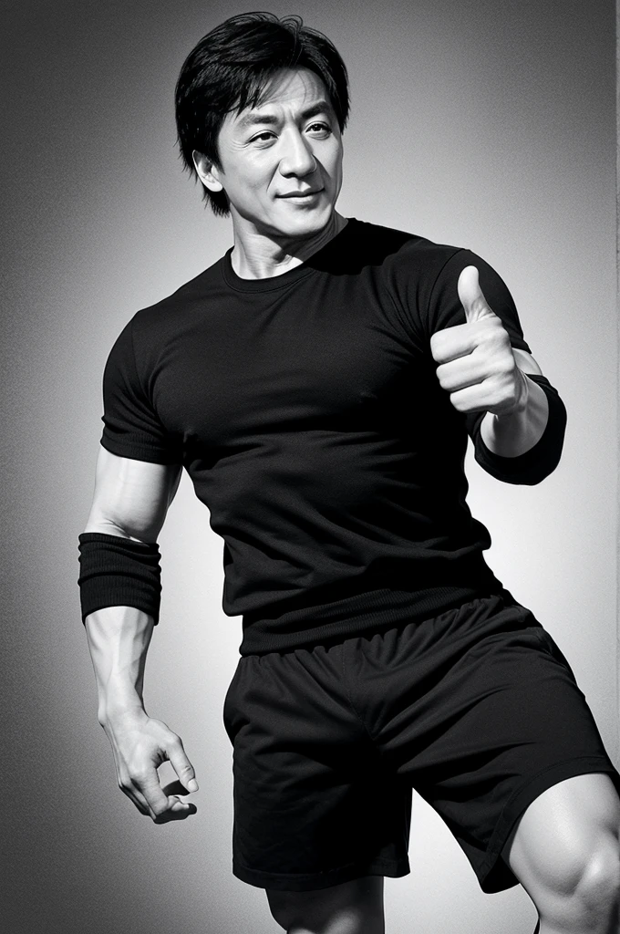 Jackie Chan showing thumps up symbol in black and white cartoon effect