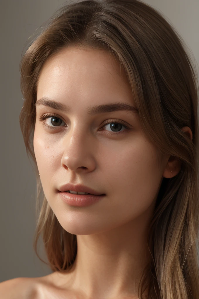 A photorealistic portrait of a young and beautiful woman with light blonde hair, long hair, and light brown eyes, American. The image should focus on capturing her facial features in a realistic and flattering manner, epic realism, raw photo, (highly detailed skin:1.2), 8k, DSLR, soft lighting, high quality, film grain, Fujifilm XT3, ultra high resolution, photorealistic:1.4, uhd. The background is blurred to emphasize her face. Her facial features are meticulously detailed: her smooth and clear skin, well-defined cheekbones, a perfectly shaped nose, a high and smooth forehead, long and thick eyelashes, well-groomed eyebrows, and soft, slightly parted lips. The lighting highlights the natural contours of her face, giving a lifelike and vibrant appearance.
