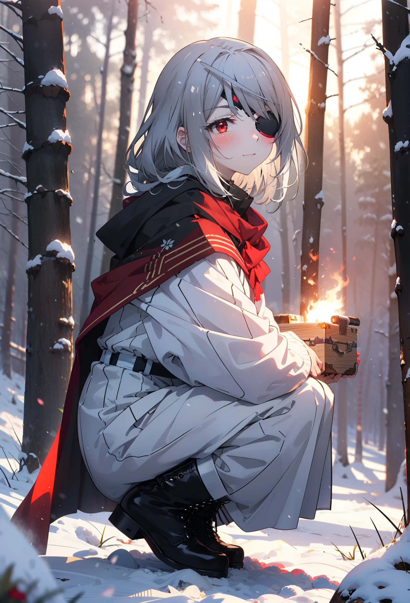 Laurabodewig, Laura Bodewig, Long Hair, (Red eyes:1.3), Grey Hair, Eye patch,smile,smile,blush,White Breath,
Open your mouth,snow,Ground bonfire,,Outdoor, boots, snowing, From the side, wood, suitcase, Cape, Blurred, , forest, White handbag, nature,  Squat, Mouth closed, Cape, winter, Written boundary depth, Black shoes, red Cape break looking at viewer, Upper Body, whole body, break Outdoor, forest, nature, break (masterpiece:1.2), Highest quality, High resolution, unity 8k wallpaper, (shape:0.8), (Beautiful and beautiful eyes:1.6), Highly detailed face, Perfect lighting, Extremely detailed CG, (Perfect hands, Perfect Anatomy),