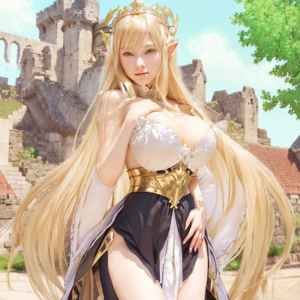 Close-up of a woman in a dress with a sword, anime goddess, blonde hair princess, ((Beautiful Fantasy Empress)), Beautiful Fantasy Empress, elegant pose, , Elf Queen, Charming elf princess knight, an Elf Queen, Princess Hyperborea, blonde goddess, Anime blonde girl with long hair, portrait of an Elf Queen, very , realistically, Young woman