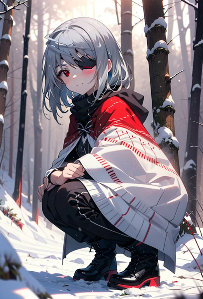 Laurabodewig, Laura Bodewig, Long Hair, (Red eyes:1.3), Grey Hair, Eye patch,smile,smile,blush,White Breath,
Open your mouth,snow,Ground bonfire,,Outdoor, boots, snowing, From the side, wood, suitcase, Cape, Blurred, , forest, White handbag, nature, Squat, Mouth closed, Cape, winter, Written boundary depth, Black shoes, red Cape break looking at viewer, Upper Body, whole body, break Outdoor, forest, nature, break (masterpiece:1.2), Highest quality, High resolution, unity 8k wallpaper, (shape:0.8), (Beautiful and beautiful eyes:1.6), Highly detailed face, Perfect lighting, Extremely detailed CG, (Perfect hands, Perfect Anatomy),