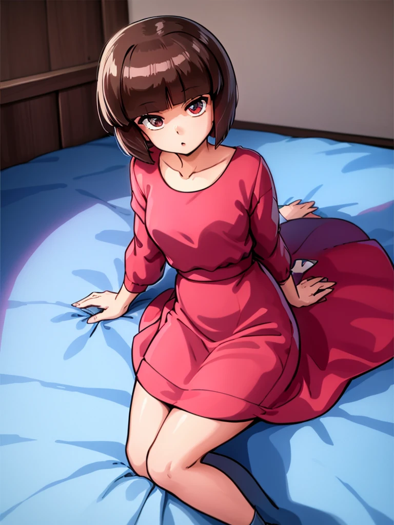 nabiki tendo, nabiki, looking at viewer, , (masterpiece:1.2), (best quality), (ultra detailed), (8k, 4k, intricate),(light particles, lighting, (highly detailed:1.2),(detailed face:1.2), (gradients), colorful, detailed eyes, bedroom background, (detailed background), solo, daylight, bob cut, mini skirt, thick tights, red dress, pelvic curtain dress, heels, sit on bed,