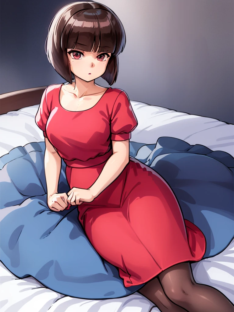nabiki tendo, nabiki, looking at viewer, , (masterpiece:1.2), (best quality), (ultra detailed), (8k, 4k, intricate),(light particles, lighting, (highly detailed:1.2),(detailed face:1.2), (gradients), colorful, detailed eyes, bedroom background, (detailed background), solo, daylight, bob cut, mini skirt, thick tights, red dress, pelvic curtain dress, heels, sit on bed,