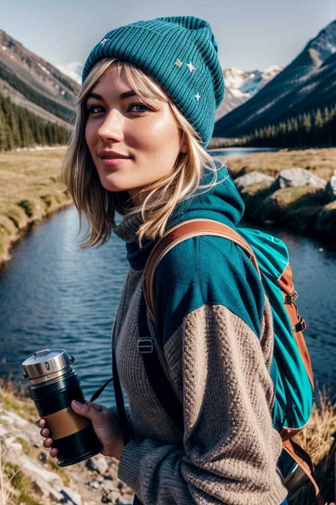 a 22 year old blonde ((upper body selfie, happy)), masterpiece, best quality, ultra-detailed, solo, outdoors, (night), mountains, nature, (stars, moon) cheerful, happy, backpack, sleeping bag, camping stove, water bottle, mountain boots, gloves, sweater, hat, flashlight, forest, rocks, river, wood, smoke, shadows, contrast, clear sky, analog style (look at viewer:1.2) (skin texture) (film grain:1.3), (warm hue, warm tone) :1.2), close up, cinematic light, sidelighting, ultra high res, best shadow, RAW, upper body,  , wearing pullover
kodak vision 3,