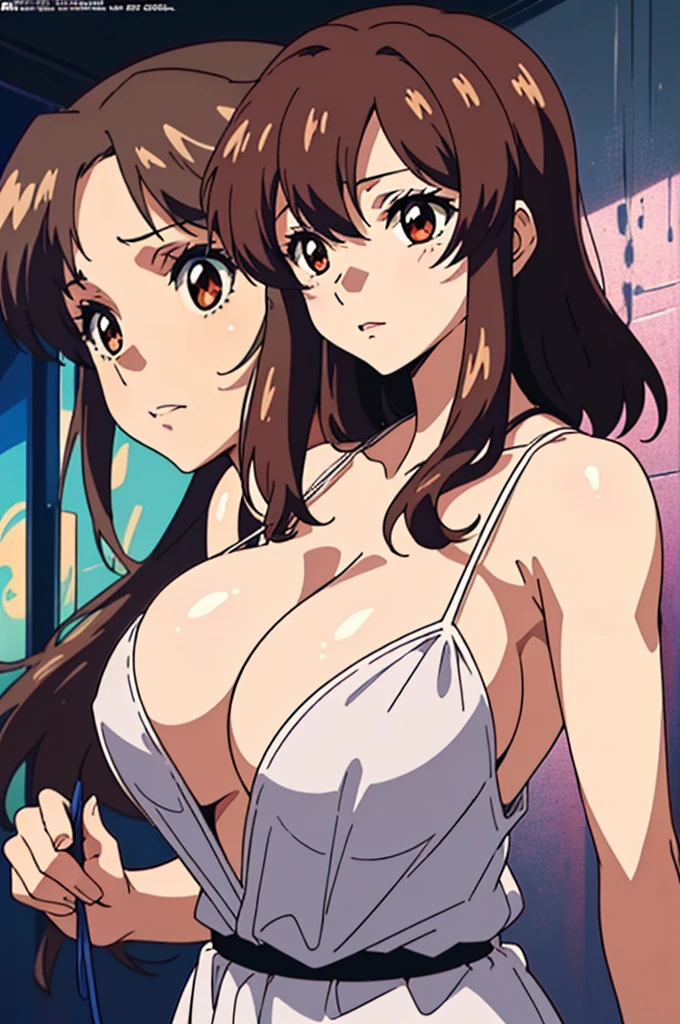 (masutepiece, Best Quality, High resolution:1.5, anime colours, megami magazine:1.2, anime poster style, anime keyvisual, sharp, 8k, photorealistic), (beautiful detailed eyes:1.5, beautiful detailed face:1.2), Murrue Ramius, 1woman, red eyes, blush, sexy, (brown hair, medium hair, bangs), (sagging huge breasts), (negligee:1.2, no bra), cowboy shot, (Perfect detailed Anatomy, beautiful detailed hair, beautiful detailed body:1.2, shiny skin), (thick outline, Beautiful outlines, black outlines), simple background:1.5