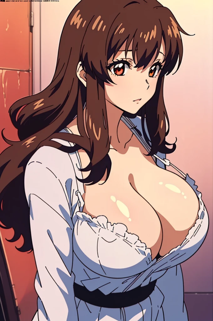 (masutepiece, Best Quality, High resolution:1.5, anime colours, megami magazine:1.2, anime poster style, anime keyvisual, sharp, 8k, photorealistic), (beautiful detailed eyes:1.5, beautiful detailed face:1.2), Murrue Ramius, 1woman, red eyes, blush, sexy, (brown hair, medium hair, bangs), (sagging huge breasts), (negligee:1.2, no bra), cowboy shot, (Perfect detailed Anatomy, beautiful detailed hair, beautiful detailed body:1.2, shiny skin), (thick outline, Beautiful outlines, black outlines), simple background:1.5