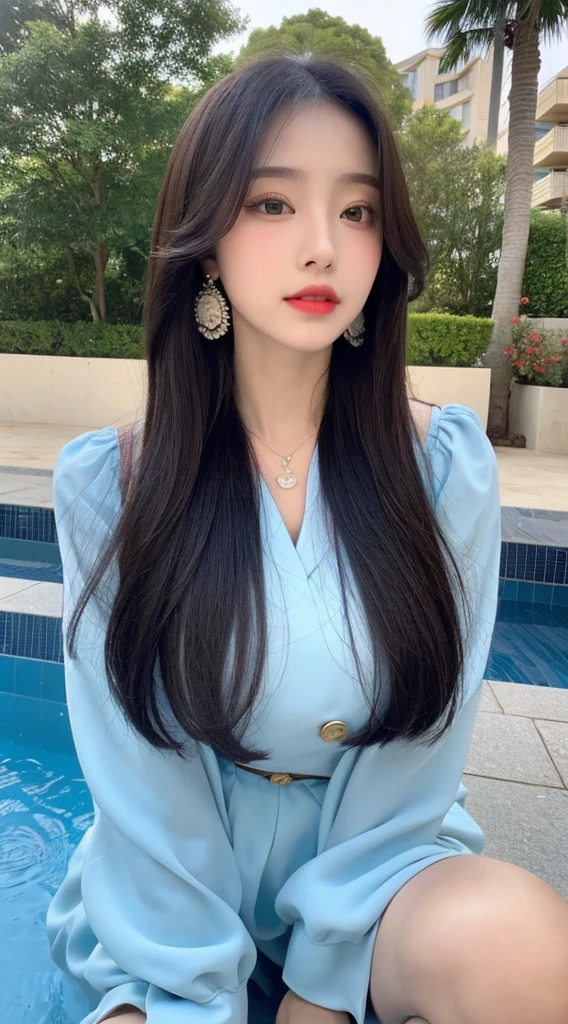 (best qualityer, 8K, Masterpiece artwork:1.3)), A pretty maiden,puros,melon seed face,Kind and cute,Um dolce sorriso,Pure Desires,Lean height,(The street),(Tilt your head),looking directly at the camera,uniforms, inner strength, formal,Long silky black, slickedback hair,Long hair falling over the shoulders,The large, round-cropped, 黑The eye,big and clear eyes,Hydrated red lips,dolce,gorgeous necklace,delicate earrings,Sitting on the edge of the pool,com blue sky e nuvens brancas,blue sky , big boobies