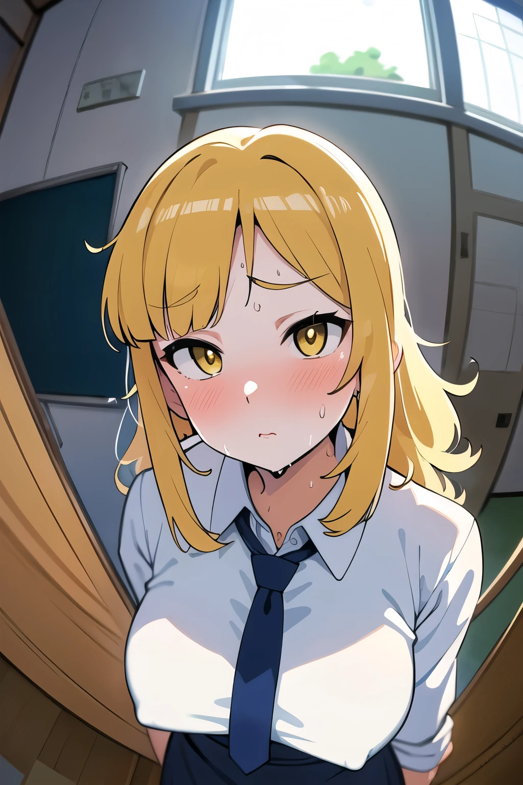 1 Female, Age 20,whole body,Standing,Moving the subject far away,blonde perm hair,Gal,((face)), In the heat, Sulky face, Yellow Eyes,tits, White shirt,Navy blue tie,High quality anime, Vulgar,(90s Anime), ((Sweat)), Mastepiece, Ultra High Quality, High resolution, 8K, background:live-action,background:Super Real,background:Photographic school classroom,Window,sunlight,((Fisheye Lens)),backgroundボケ,(Low - Angle),