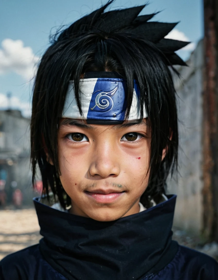 a close up of a young boy, 10 years old, with a iron headband, Uchiha Sasuke, (highly detailed face:1.4) (smile:0.7) (background inside dark, moody, private study:1.3) POV, by lee jeffries, nikon d850, film stock photograph ,4 kodak portra 400 ,camera f1.6 lens ,rich colors ,hyper realistic ,lifelike texture, dramatic lighting , cinestill 800
