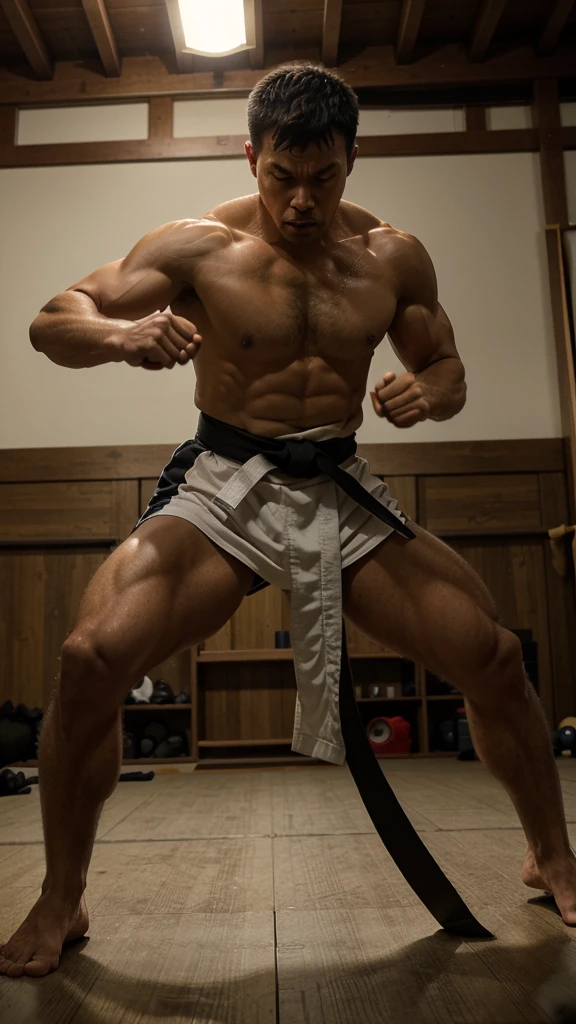 

A strong, determined man intensely practicing martial arts in a dojo. The setting should be dynamic, with the man's powerful movements and focused expression capturing the essence of hard work and dedication. The background should include traditional martial arts elements such as mats, banners, and training equipment.