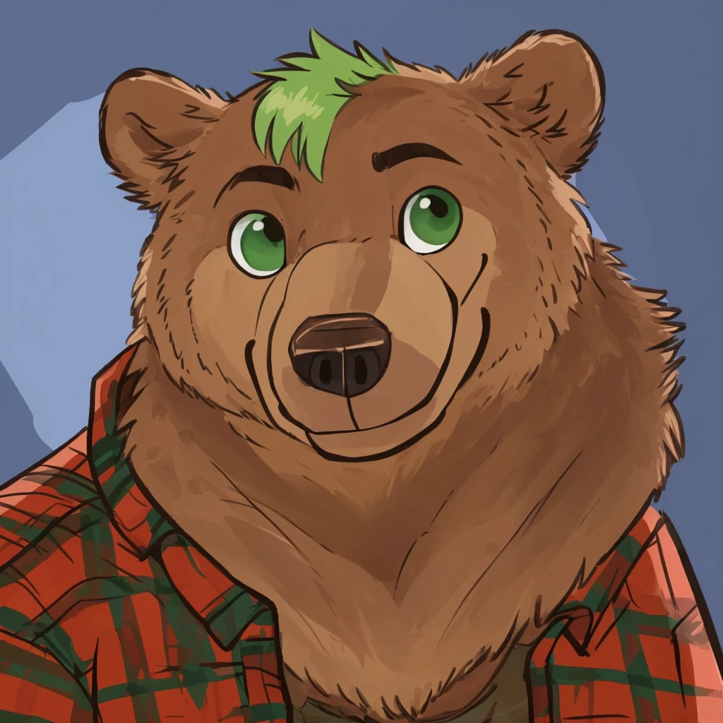 portrait of anthropomorphic grizzly bear with green hair, closed smile, dressed with a lumberjack shirt, high quality furry art.