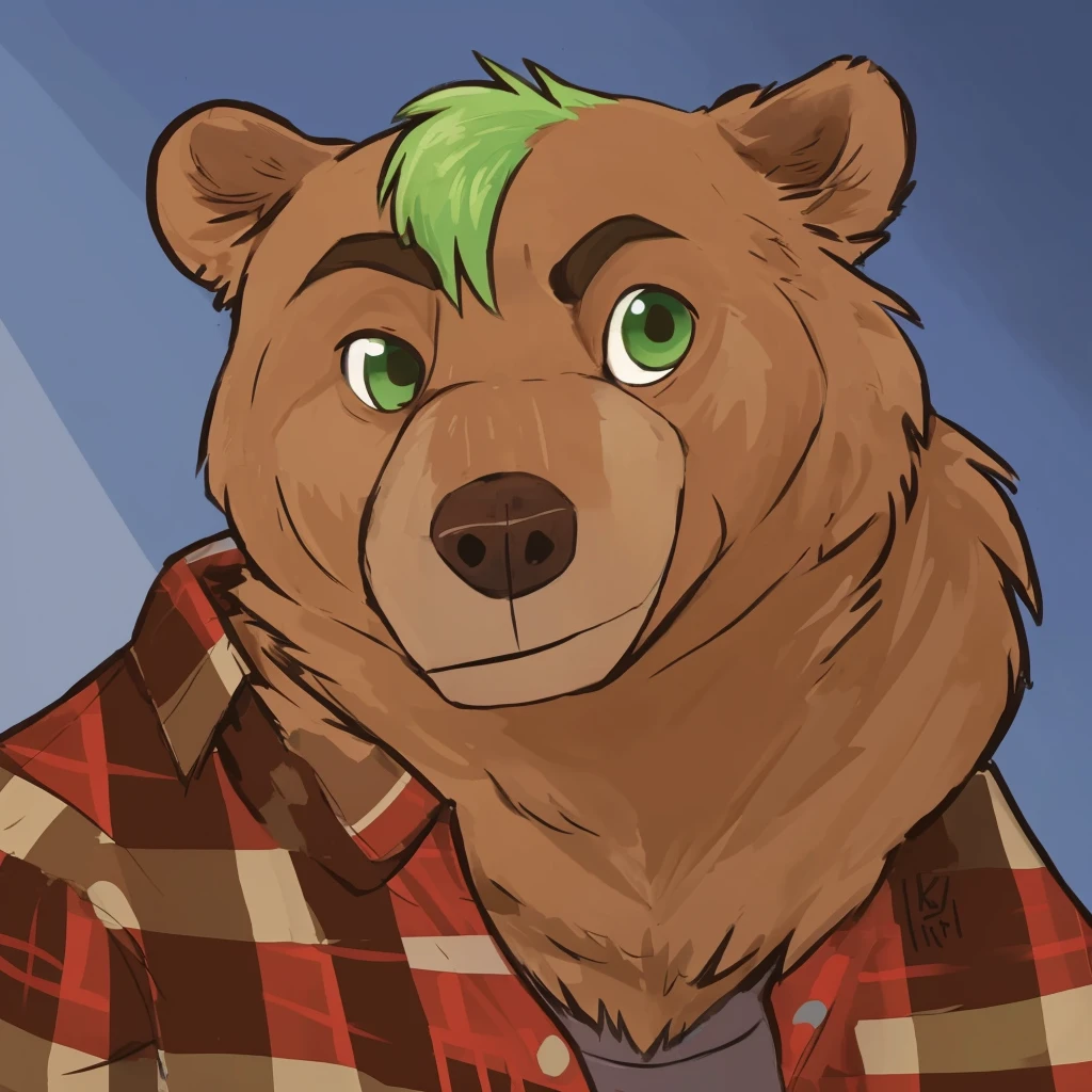 portrait of anthropomorphic grizzly bear with green hair, closed smile, dressed with a lumberjack shirt, high quality furry art.