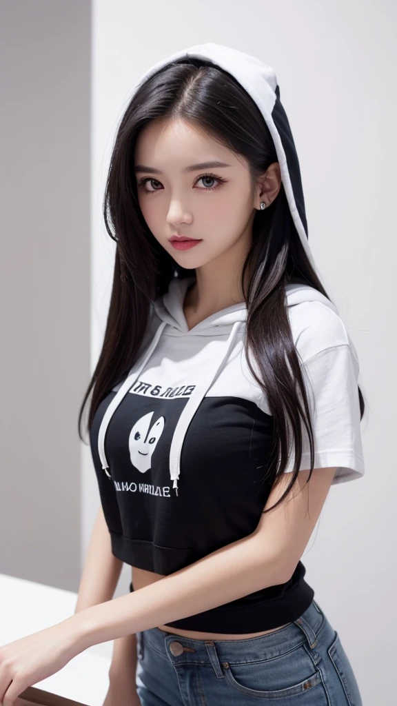 (((forehead、Northern Europe、White people、beautiful girl、Black Hair、White background、T-Shirts、hoodie、skinny pants、long hair)))、table top, highest quality, figure, super detailed, finely, High resolution, 8k wallpaper, Perfect dynamic composition, detailed and beautiful eyes, Deco out,bionde, super big breasts, Natural color lip,white background, random cute poses,