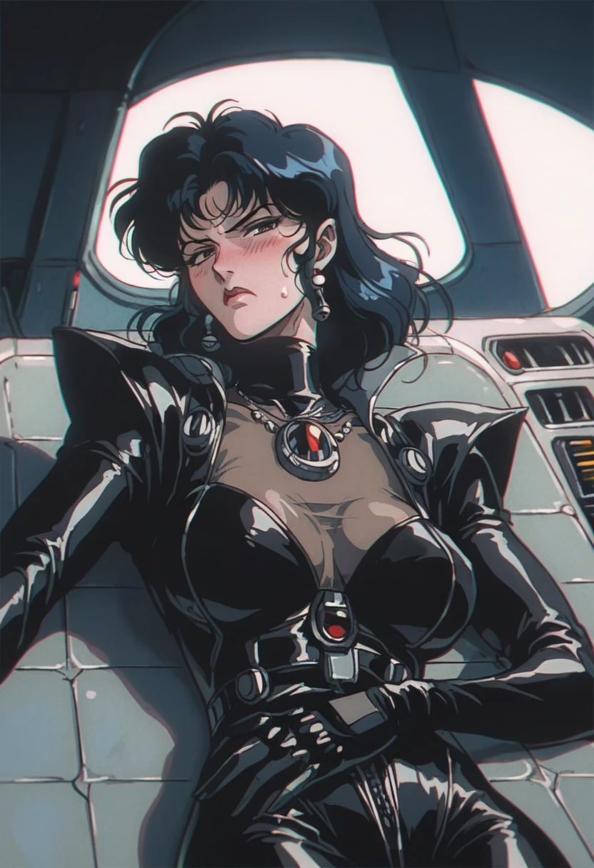 score_9, score_8_up, score_7_up, ((gothic vampire woman in gothic spacecraft)), retro anime, (vampiric cockpit), (from below), front view, (120 fov), (iridescent bodysuit), lace accessories, ((pilot seat)), (((lying back) pose)), mature female, ((elegant)), (((serious tone))), futuristic, [blushing], sweat, ((claustrophobic)), pilot helmet, ((hands on controls)), dramatic red lighting, shadow
