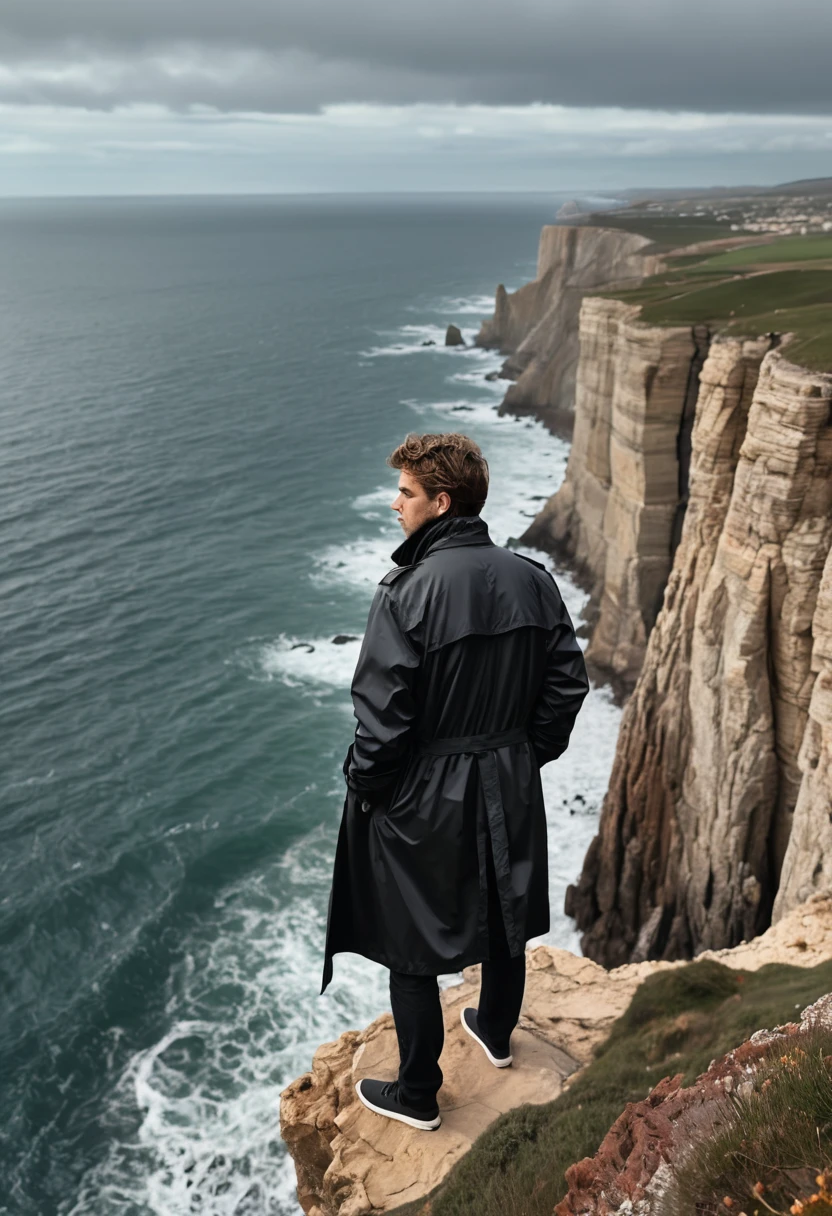 (Black Trench Coat), A figure wearing a black windbreaker stands at the top of a cliff, facing the sea. The windbreaker flips in the sea breeze, hands in pockets, as if pondering the meaning of life. The background is a majestic cliff and the sea, (Photography), panoramic view, award-winning, cinematic still, emotional, vignette, dynamic, vivid, (masterpiece, best quality, Professional, perfect composition, very aesthetic, absurdres, ultra-detailed, intricate details:1.3)
