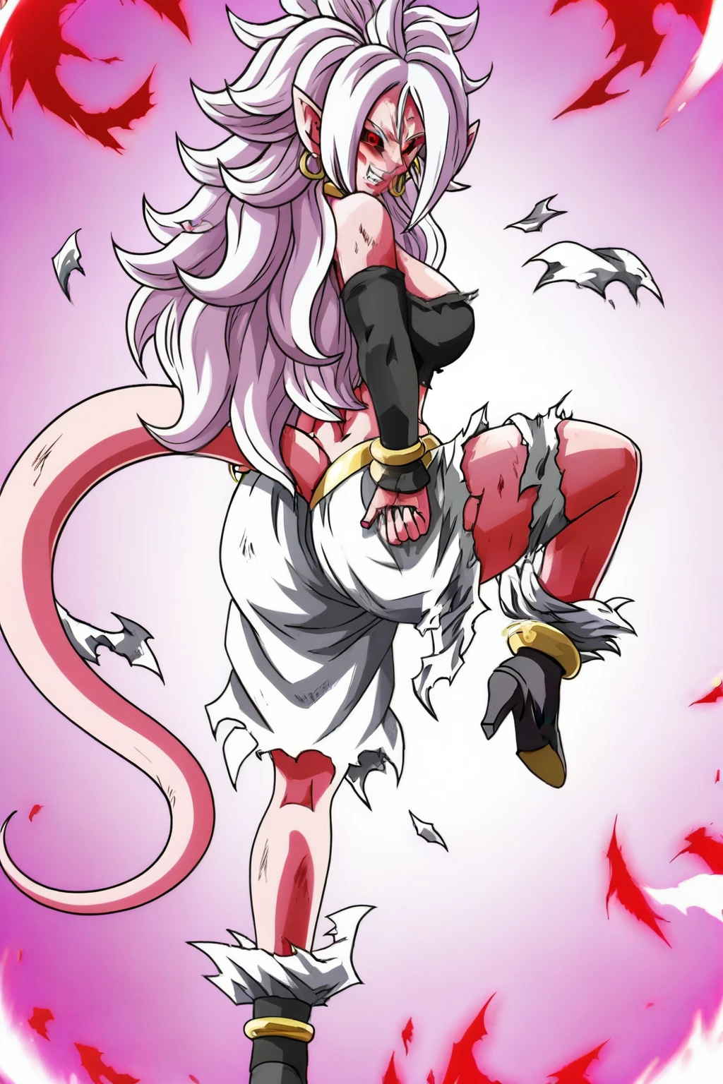 source_anime, score_9, score_8_up, score_7_up, anime screenca, , big ass, wide hips, thick thighs, huge breasts, huge ass, cleavage, nude, massive , massive butt, showing ass,
1girl, evil smile, exploding clothes, majin, ki ball, solo, long hair, breasts, earclip, standing, majin tail, full body, white hair, earrings, detached sleeves, pointy ears, looking back, from behind, bracelet, torn clothes, majin eyes, tube top, aura, torn majin pants, pink skin, majin pants, android 21, majin boots, teeth thicc,