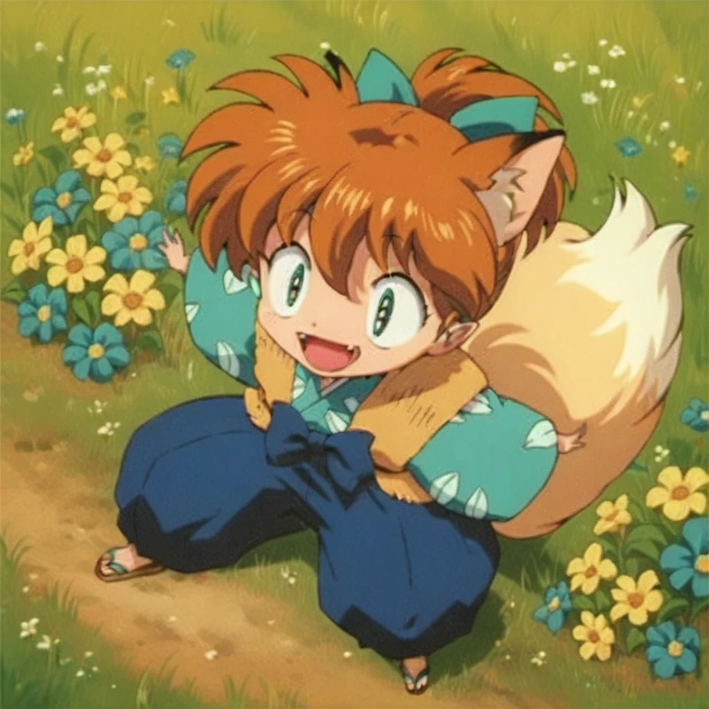 Shippo happy, fox ears, sandals, field of flowers