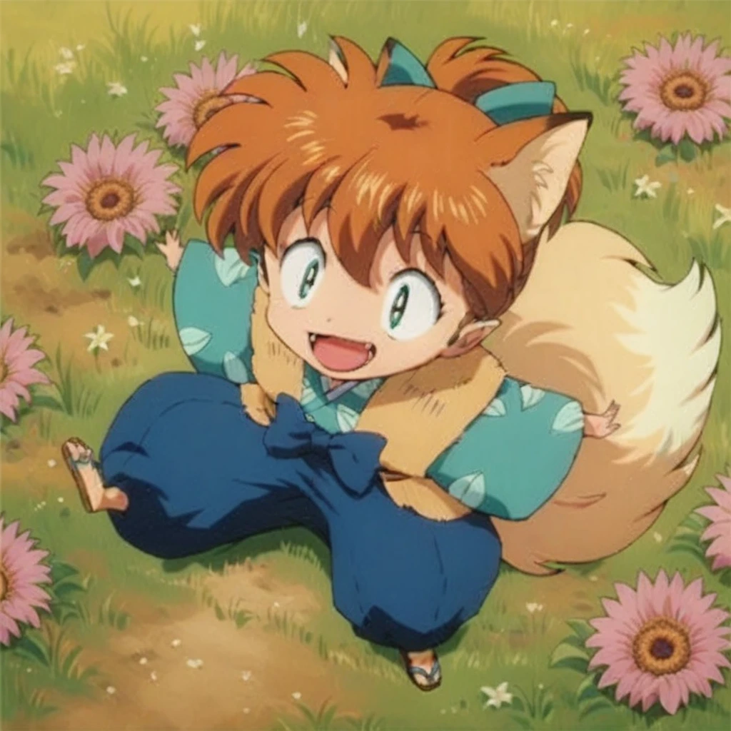 Shippo happy, fox ears, sandals, field of flowers