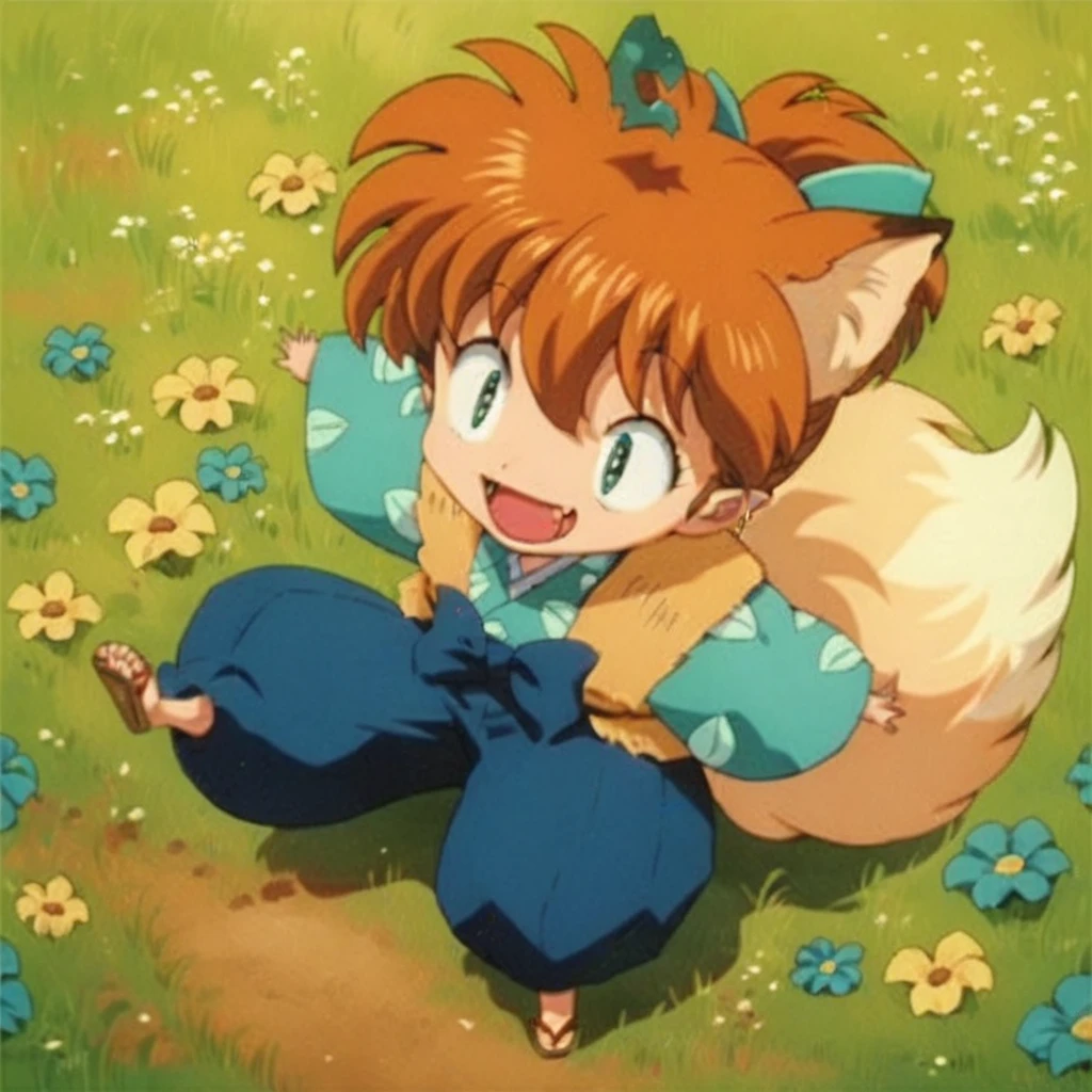 Shippo happy, fox ears, sandals, field of flowers