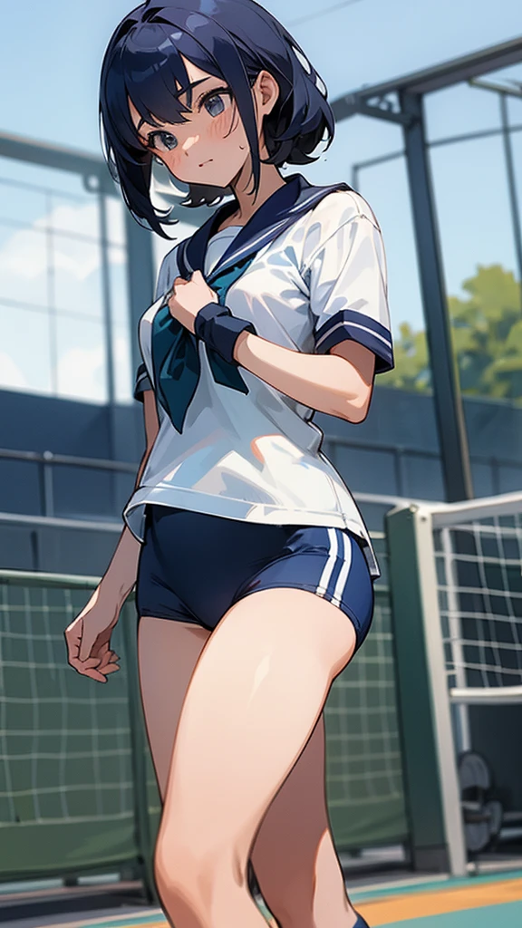 Sports day: Female student in gym uniform and navy blue bloomers