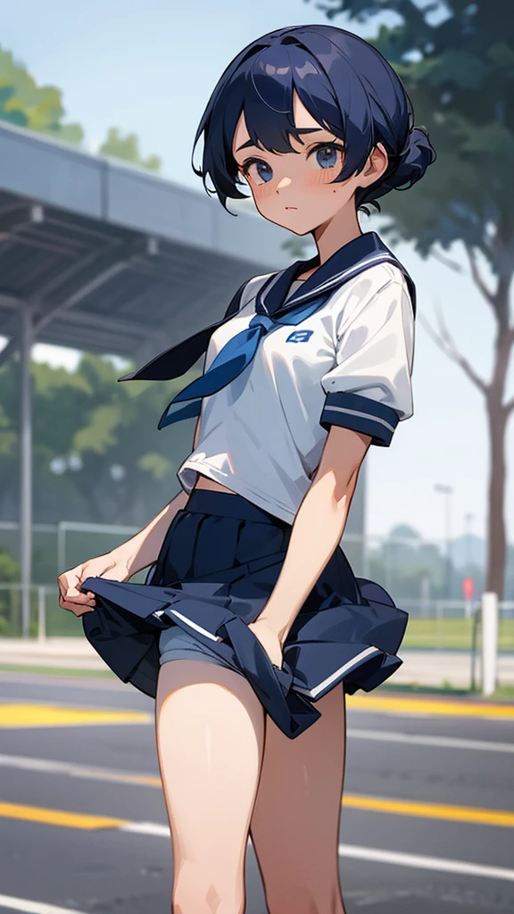 Sports day: Female student in gym uniform and navy blue bloomers