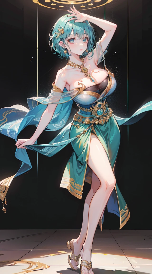 (2 young women ,beautiful woman)，smile，(light green short hair)，nobility，(princess)，blue student，Tall figure，((Strapless Thai dress))，low skirt，(Strapless Thai dressที่ไม่ทีสาย)，lolita skirt，Show your legs，Barefoot，red carpet，prom website，(nobility)，(big tits),(Various poses),Highest quality、Highest picture quality、Masterpiece,, ,(((Umbilical drive,dance,dance,Thai dance))),(large areolae:1.4,pink,The nipples are clearly visible......),(((bare breast:1.37)))