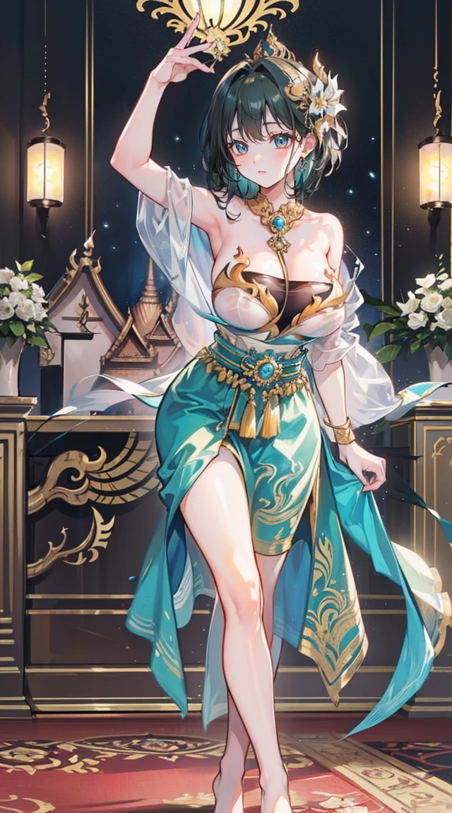 (2 young women ,beautiful woman)，smile，(light green short hair)，nobility，(princess)，blue student，Tall figure，((Strapless Thai dress))，low skirt，(Strapless Thai dressที่ไม่ทีสาย)，lolita skirt，Show your legs，Barefoot，red carpet，prom website，(nobility)，(big ????),(Various poses),Highest quality、Highest picture quality、Masterpiece,, ,(((Umbilical drive,dance,dance,Thai dance))),(large ???????:1.4,pink,The ??????? are clearly visible......),(((???????????:1.37)))