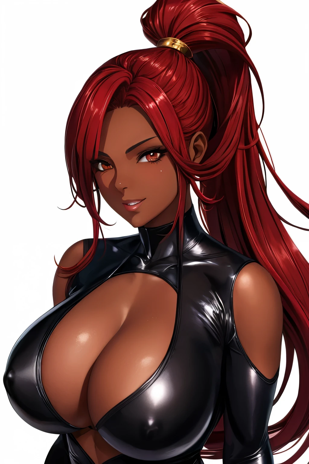 Long Hair,Red hair,ponytail,(Hair on one eye:0.8),(Dark Skinned female:1.2), (Dark Skin:1.1),Bodysuits,Big Breasts,Shiny skin,White background