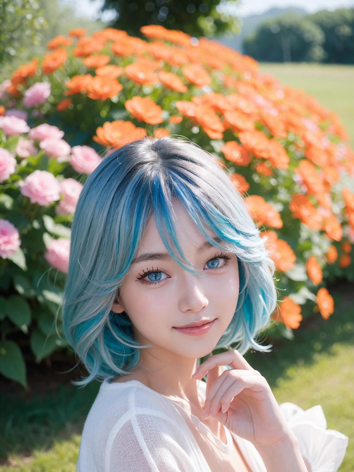 Furina from Genshin Impact, 18 years old girl, (Raw photo, Best Quality), (Realistic, Photorealsitic:1.3), masterpiece, Extremely delicate and beautiful, Soft light, (beautiful white and blue hair, Shoulder-length straight hair swaying in the wind), Beautiful detailed girl, (Detailed fingers), extremely detailed eye and face, beautiful detailed nose, Beautiful detailed eyes, 1 girl, Japanese, Neat and clean beauty, Cute, young, (big breasts), Realistic face, Realistic body, cute smile, full body view, sitting