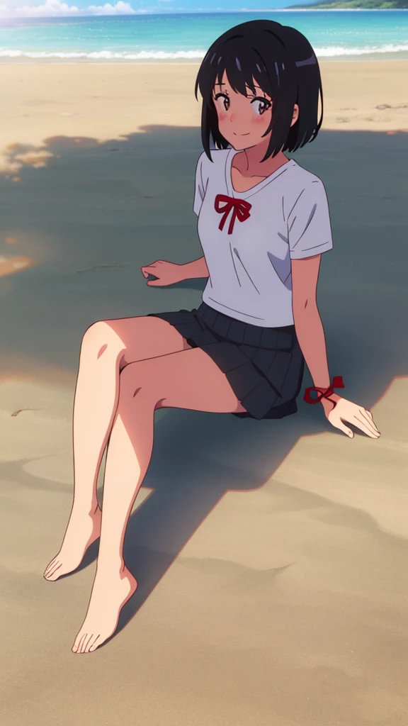 shinkai makoto, kimi no na wa., 1girl, bangs, black hair, blushing, brown eyes, casual clothes, white t-shirt, black pleated skirt, red headband, red ribbon, short hair, smiling, cute, solo, looking at viewer, outdoors, summer, beach, cloudy, sunlight, sitting on the ground, full body
