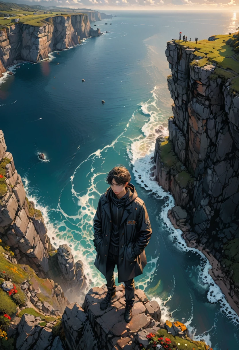 (Black Trench Coat), A figure wearing a black windbreaker stands at the top of a cliff, facing the sea. The windbreaker flips in the sea breeze, hands in pockets, as if pondering the meaning of life. The background is a majestic cliff and the sea, (Photography), panoramic view, award-winning, cinematic still, emotional, vignette, dynamic, vivid, (masterpiece, best quality, Professional, perfect composition, very aesthetic, absurdres, ultra-detailed, intricate details:1.3)