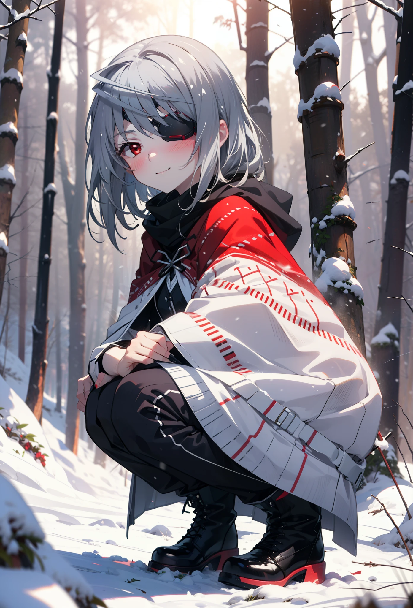 Laurabodewig, Laura Bodewig, Long Hair, (Red eyes:1.3), Grey Hair, Eye patch,smile,smile,blush,White Breath,
Open your mouth,snow,Ground bonfire,,Outdoor, boots, snowing, From the side, wood, suitcase, Cape, Blurred, , forest, White handbag, nature,  Squat, Mouth closed, Cape, winter, Written boundary depth, Black shoes, red Cape break looking at viewer, Upper Body, whole body, break Outdoor, forest, nature, break (masterpiece:1.2), Highest quality, High resolution, unity 8k wallpaper, (shape:0.8), (Beautiful and beautiful eyes:1.6), Highly detailed face, Perfect lighting, Extremely detailed CG, (Perfect hands, Perfect Anatomy),