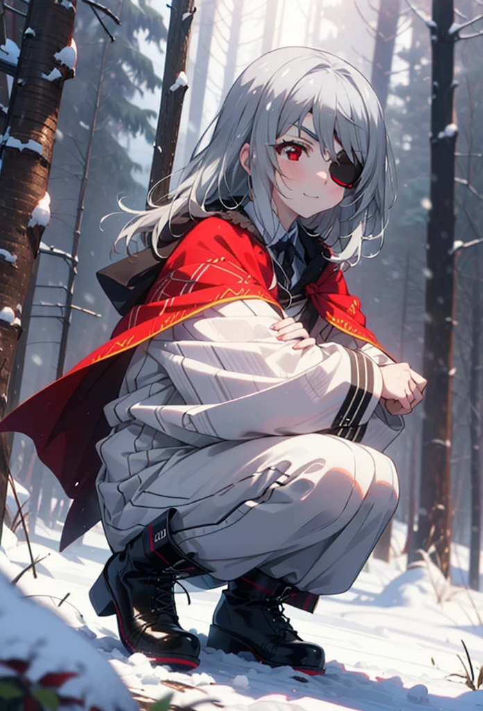 Laurabodewig, Laura Bodewig, Long Hair, (Red eyes:1.3), Grey Hair, Eye patch,smile,smile,blush,White Breath,
Open your mouth,snow,Ground bonfire,,Outdoor, boots, snowing, From the side, wood, suitcase, Cape, Blurred, , forest, White handbag, nature,  Squat, Mouth closed, Cape, winter, Written boundary depth, Black shoes, red Cape break looking at viewer, Upper Body, whole body, break Outdoor, forest, nature, break (masterpiece:1.2), Highest quality, High resolution, unity 8k wallpaper, (shape:0.8), (Beautiful and beautiful eyes:1.6), Highly detailed face, Perfect lighting, Extremely detailed CG, (Perfect hands, Perfect Anatomy),