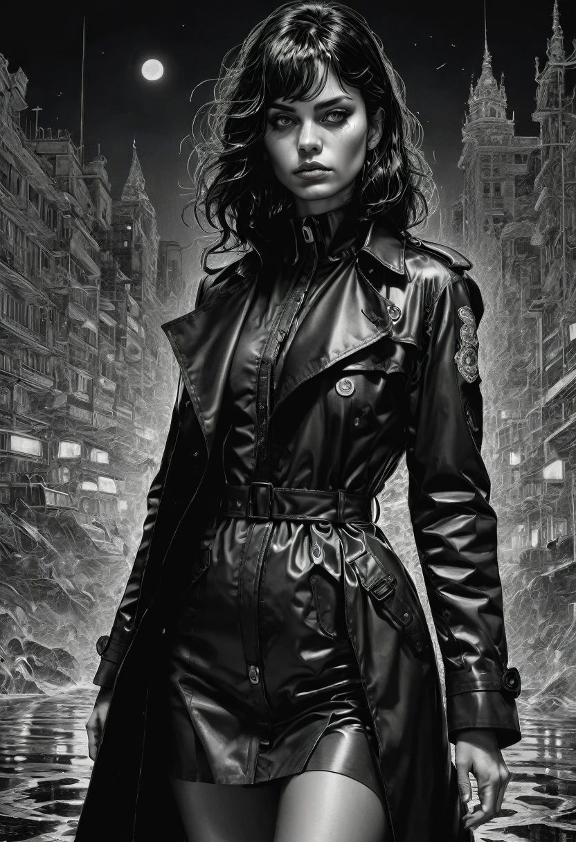 Black Trench Coat, full body, by Apollonia Saintclair, best quality, masterpiece, very aesthetic, perfect composition, intricate details, ultra-detailed