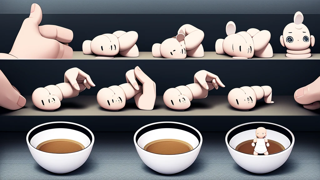 sequence of creating a tiny clay man in a bowl ,sleeve-type overhead plane