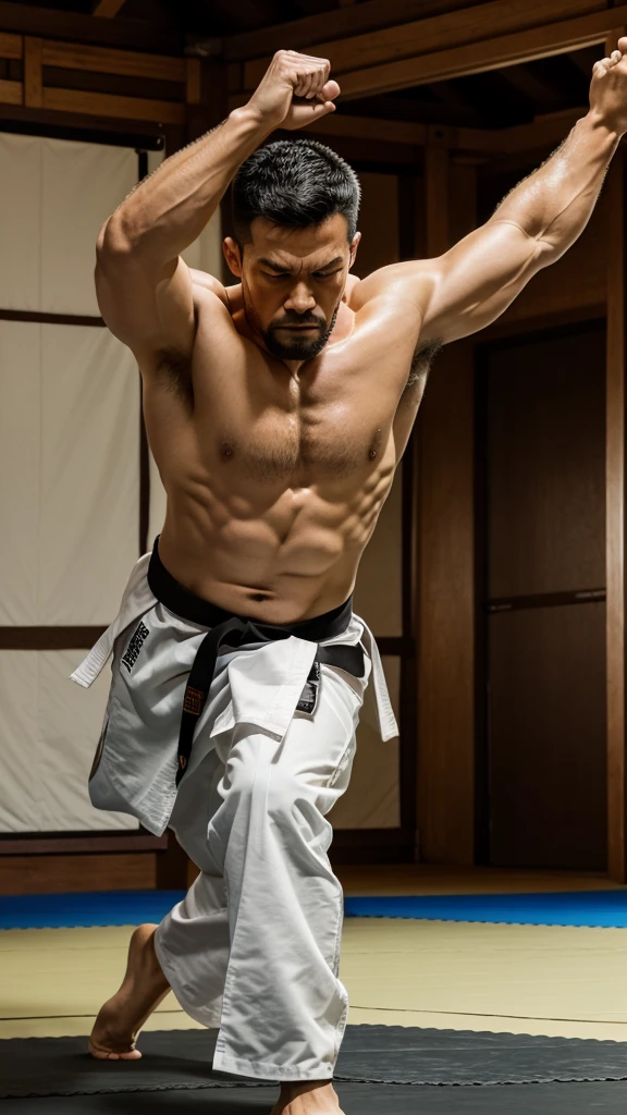 A strong, determined man intensely practicing martial arts in a dojo. The setting should be dynamic, with the man's powerful movements and focused expression capturing the essence of hard work and dedication. The background should include traditional martial arts elements such as mats, banners, and training equipment.